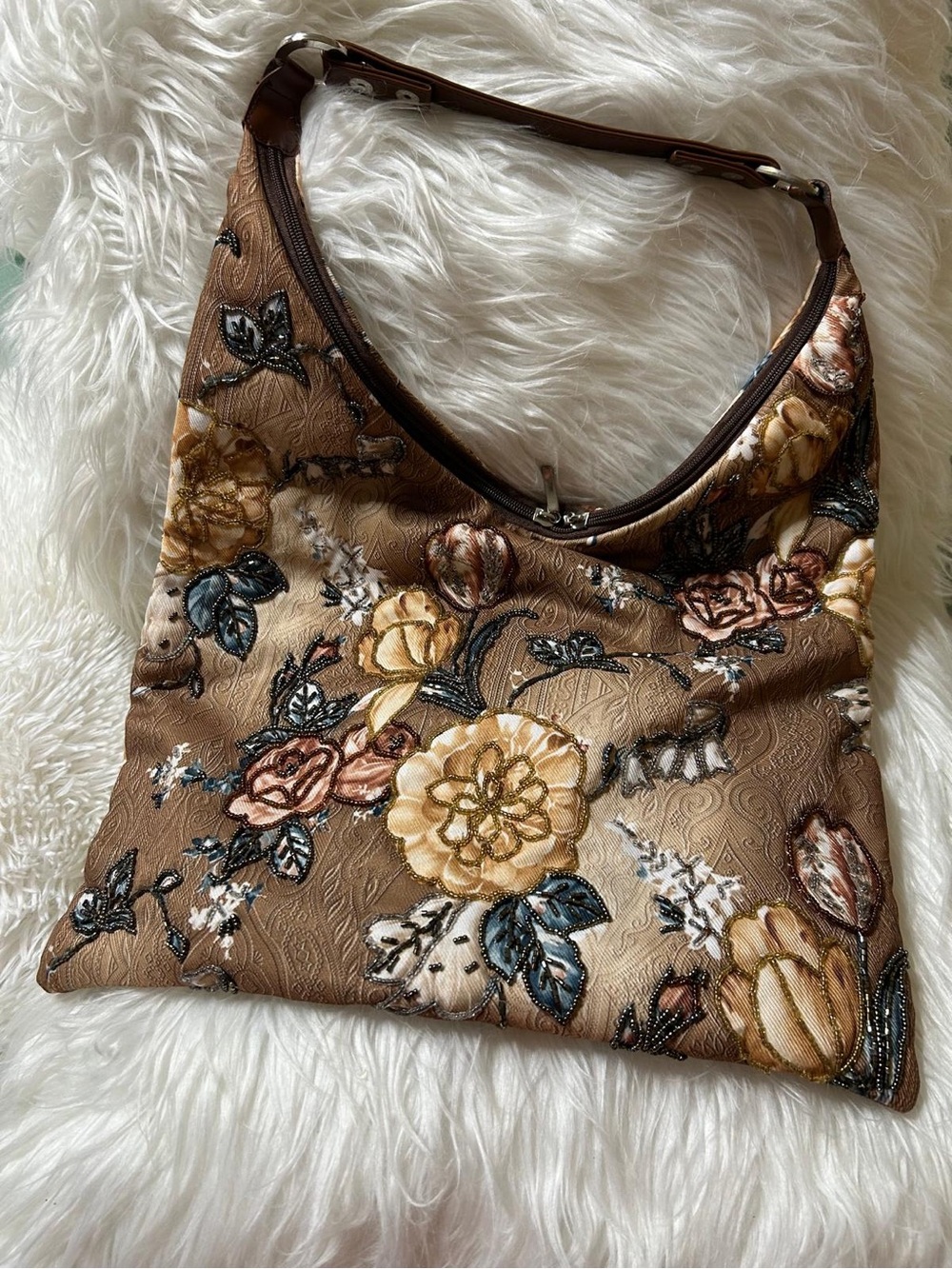 Embroidered Floral Hobo Bag in Brown